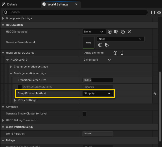 World Settings with a Hierarchical LODSetup set to the Simplify Simplification method