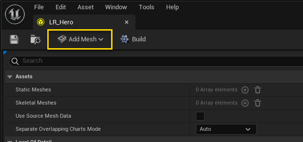 image showing how to add a mesh to the LOD Recipe