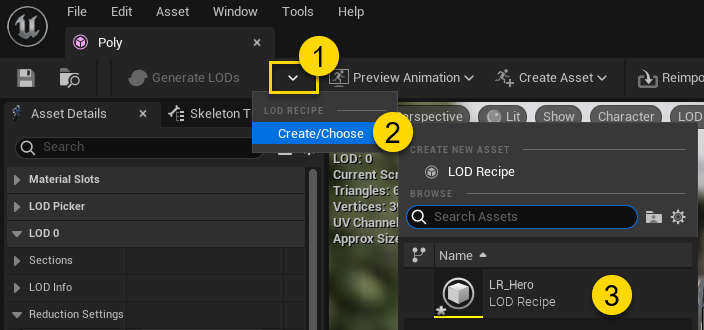 image showing how to assign a mesh to a LOD Recipe from mesh editor