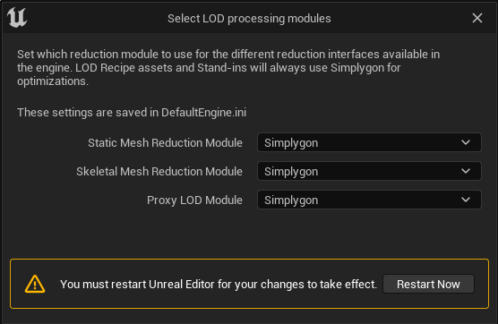 Select LOD processing modules prompt