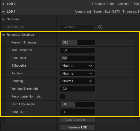 image showing the static mesh reduction settings