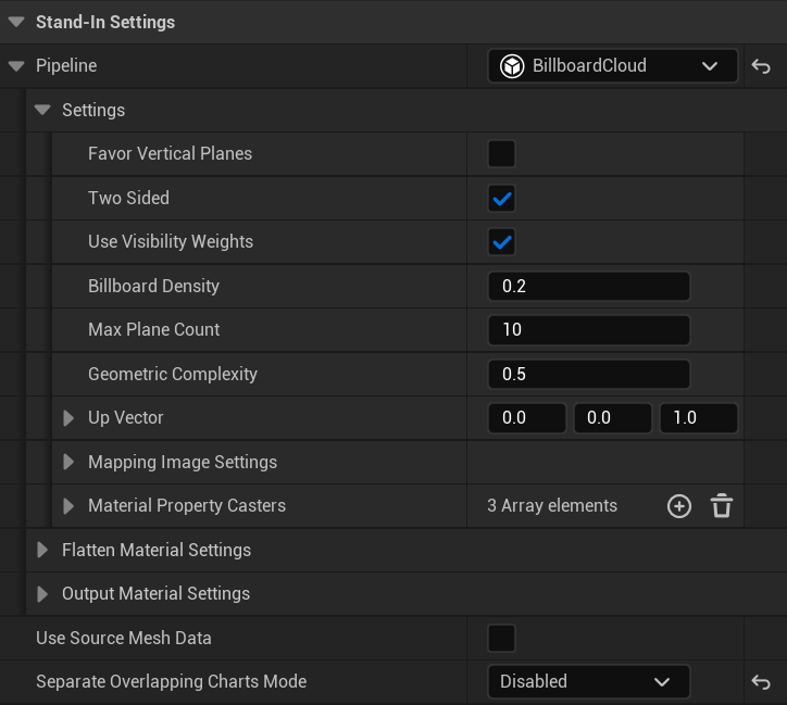 Figure 4: BillboardCloud Stand-In settings.