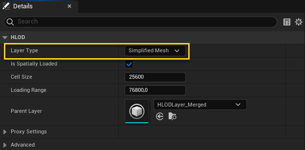 image showing an HLOD Layer using the simplified mesh layer type