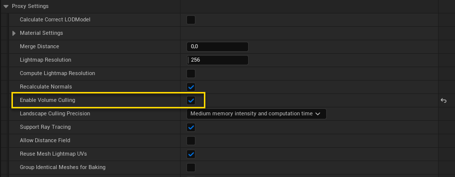 Figure 2: HLOD settings to enable landscape culling.