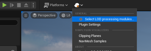 Select LOD processing modules in toolbar menu