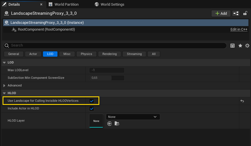 Figure 1: How to enable landscape culling on a landscape actor.