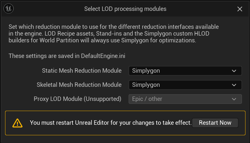 Select LOD processing modules prompt