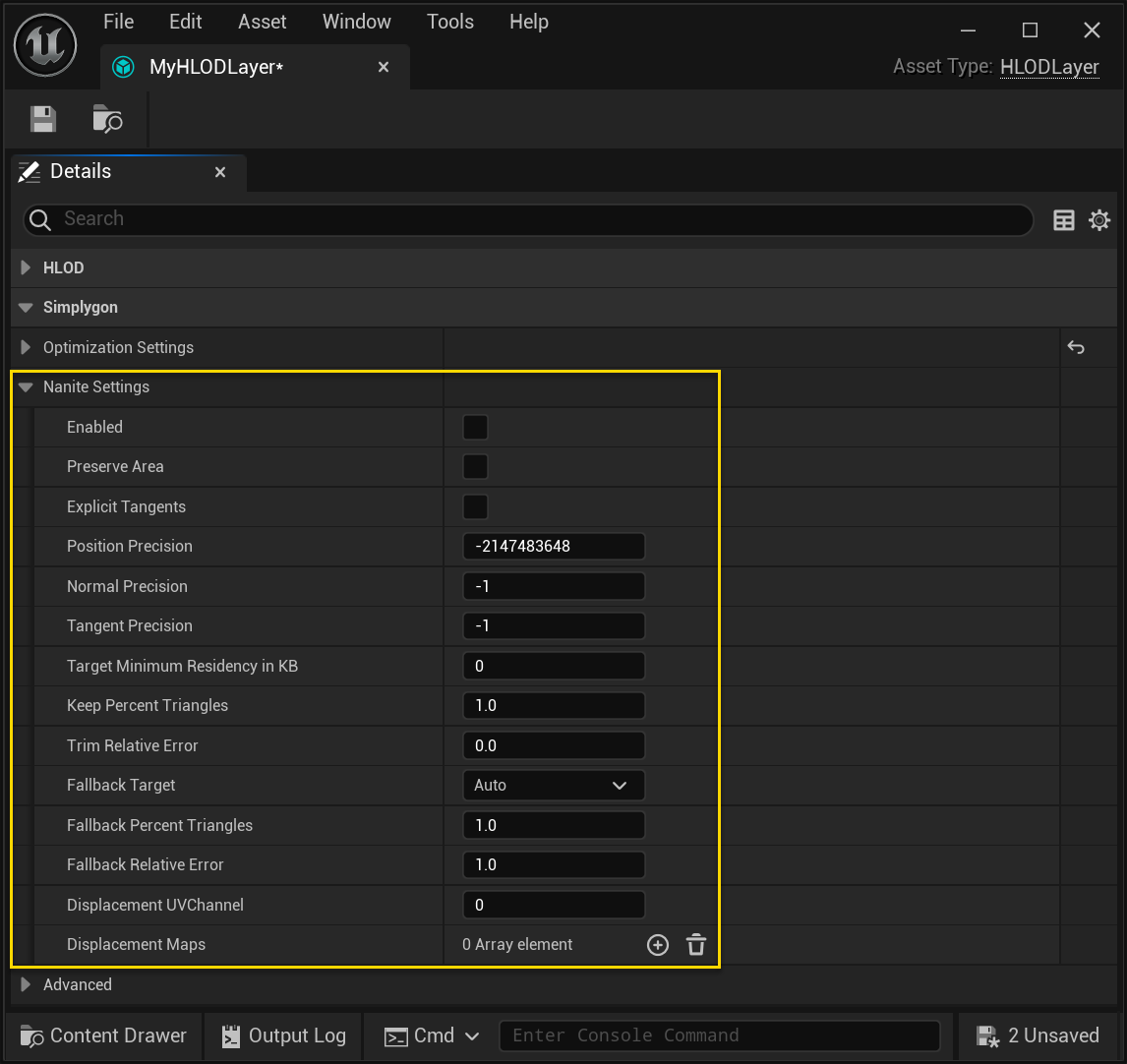 Figure 5: Nanite Settings.