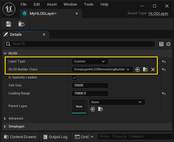 image showing an HLOD Layer set to use the custom remeshing builder