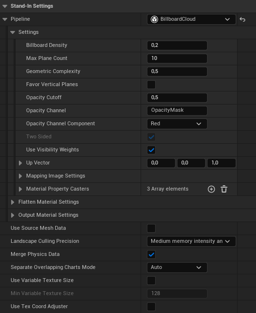 Figure 4: BillboardCloud Stand-In settings.