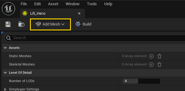 image showing how to add a mesh to the LOD Recipe