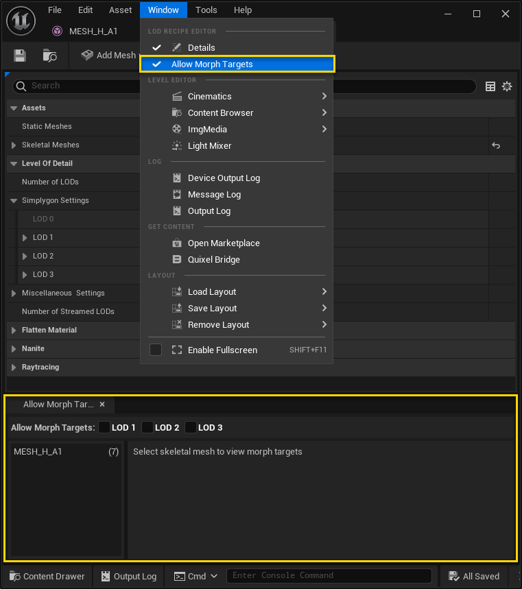 Figure 1: The Allow Morph Targets window and how to open it.