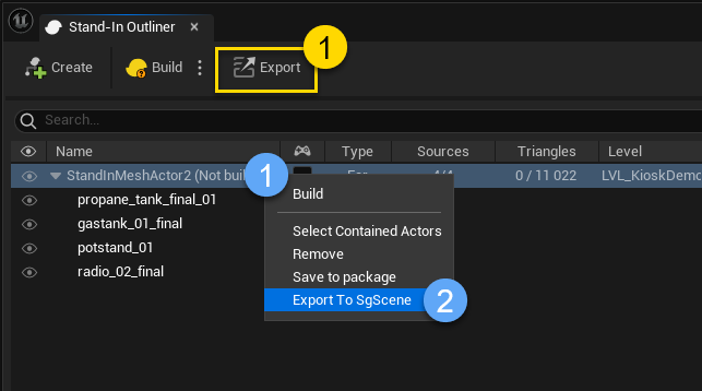 Figure 3: Export options for Stand-Ins.