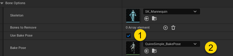 Figure 2: To use Bake Pose: (1) Enable Use Bake Pose and (2) select a Bake Pose animation.