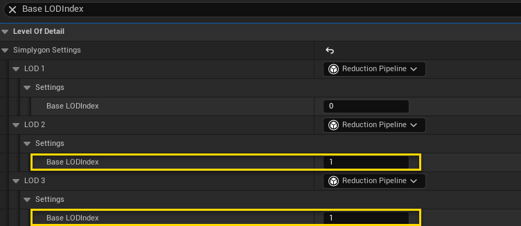 Figure 2: Search for Base LODIndex. Set base lod index to 1 for LOD 2 and LOD 3.